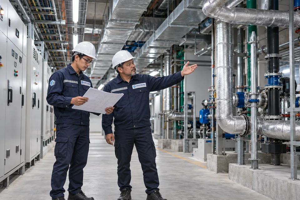 Teknisi di area instalasi industri, ilustrasi layanan HVAC