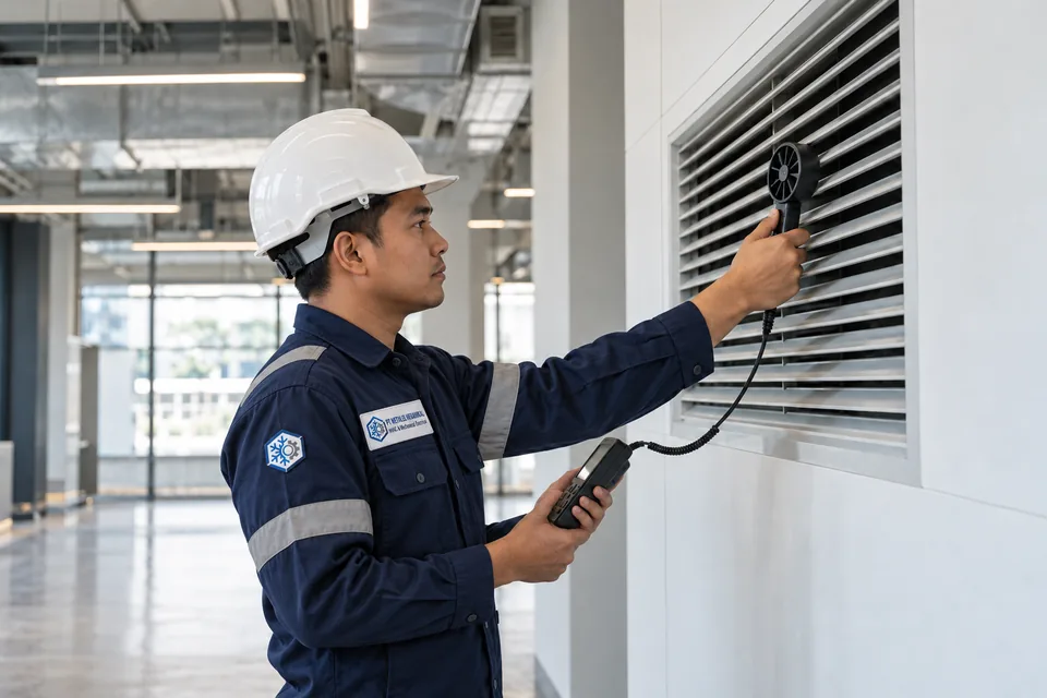 Ilustrasi teknisi mengukur aliran udara pada grille dengan anemometer