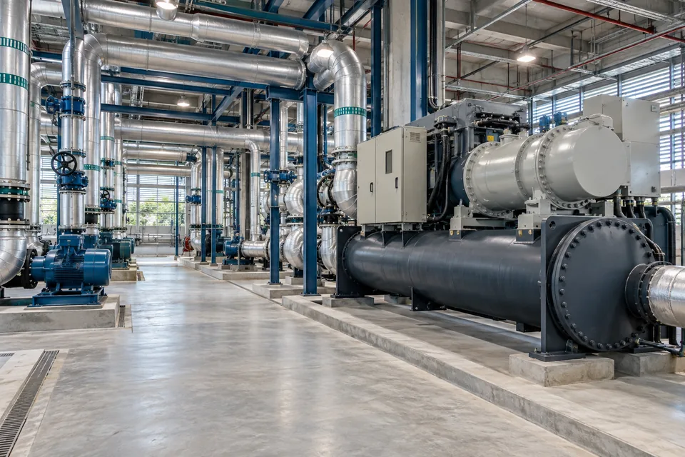 Ruang mesin chiller dan jaringan perpipaan, ilustrasi layanan HVAC