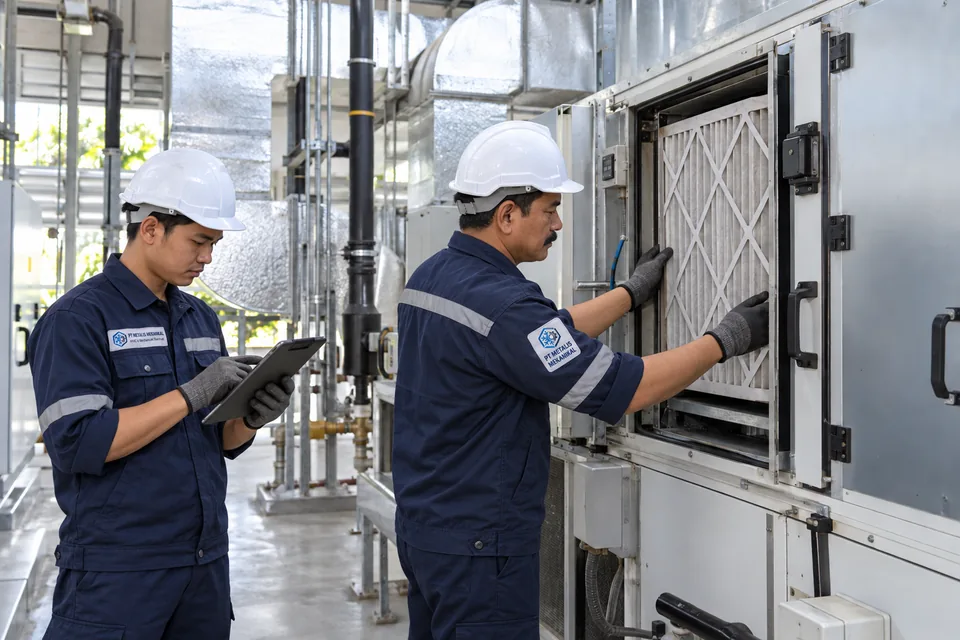 Dua teknisi memeriksa peralatan HVAC, ilustrasi layanan HVAC