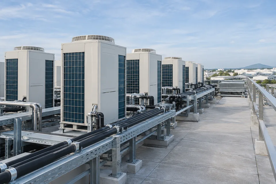 Instalasi unit outdoor di atap bangunan, ilustrasi sistem HVAC